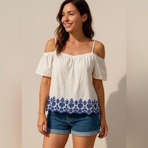 NWT Old Navy White Blouse with Blue Floral Accents